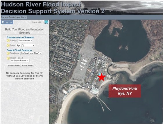 The snapshot from the mapper highlights Playland Park in Rye, NY with a typical Hudson River extent.